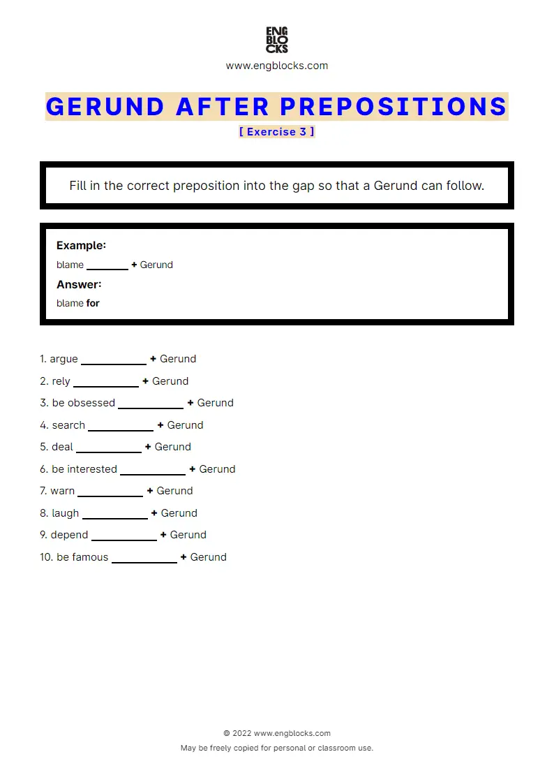 Grammar Worksheet: Gerund after prepositions — Exercise 3