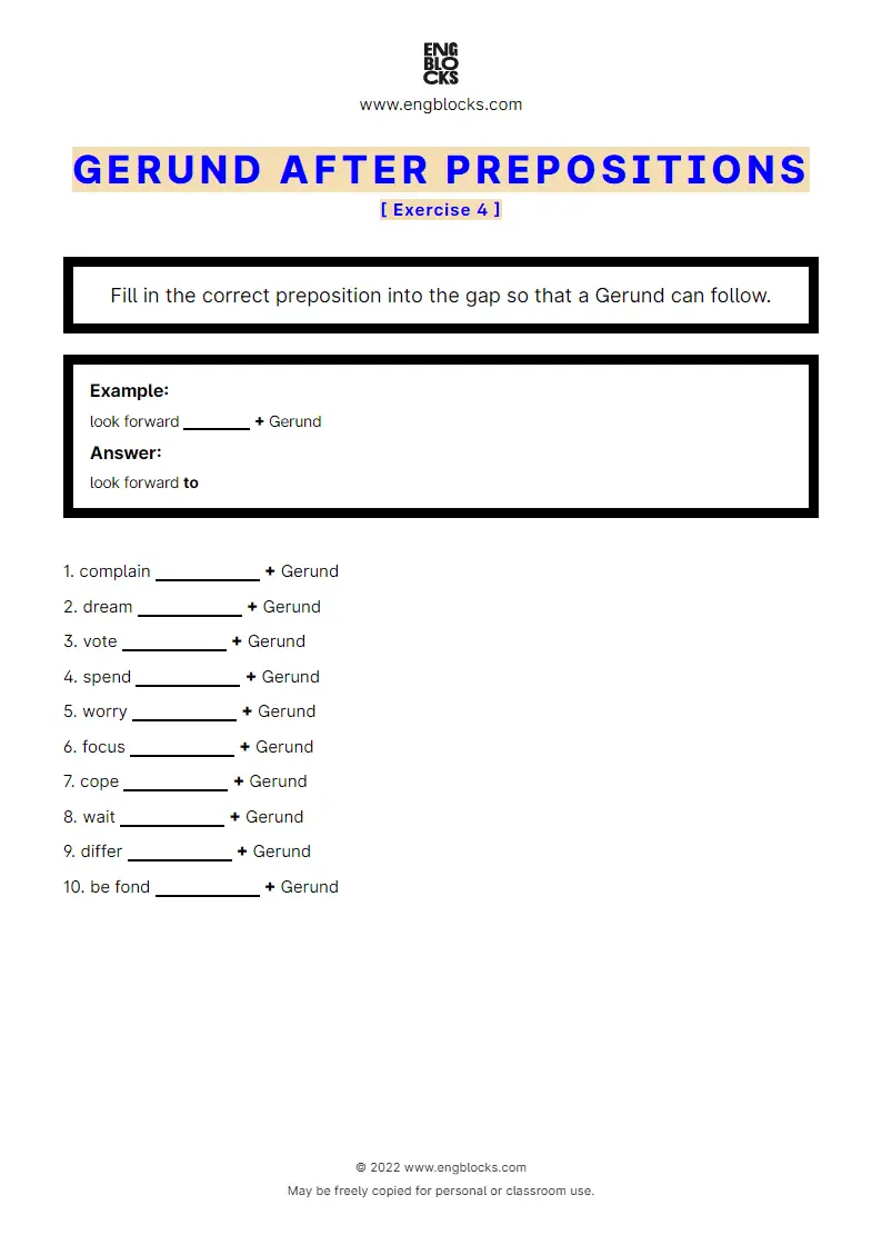 Grammar Worksheet: Gerund after prepositions — Exercise 4