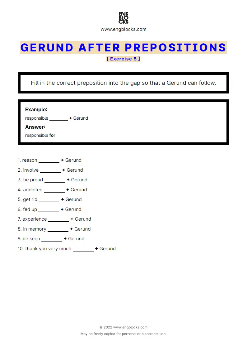 Grammar Worksheet: Gerund after prepositions — Exercise 5