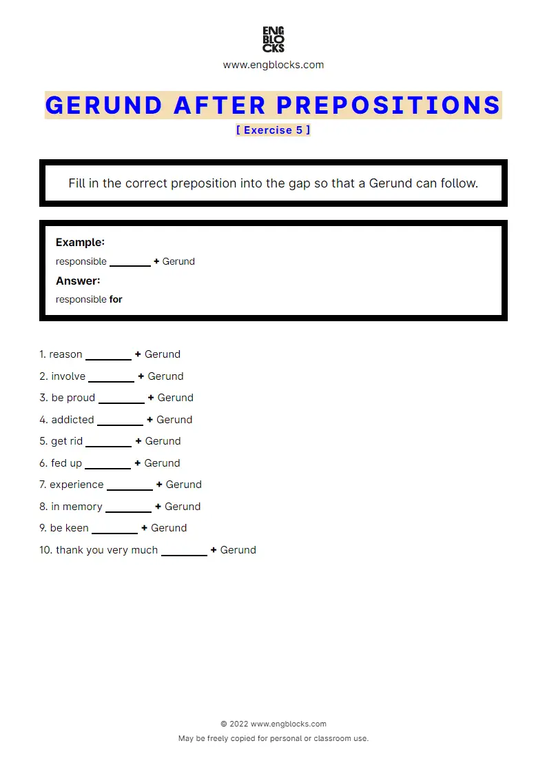 Grammar Worksheet: Gerund after prepositions — Exercise 5