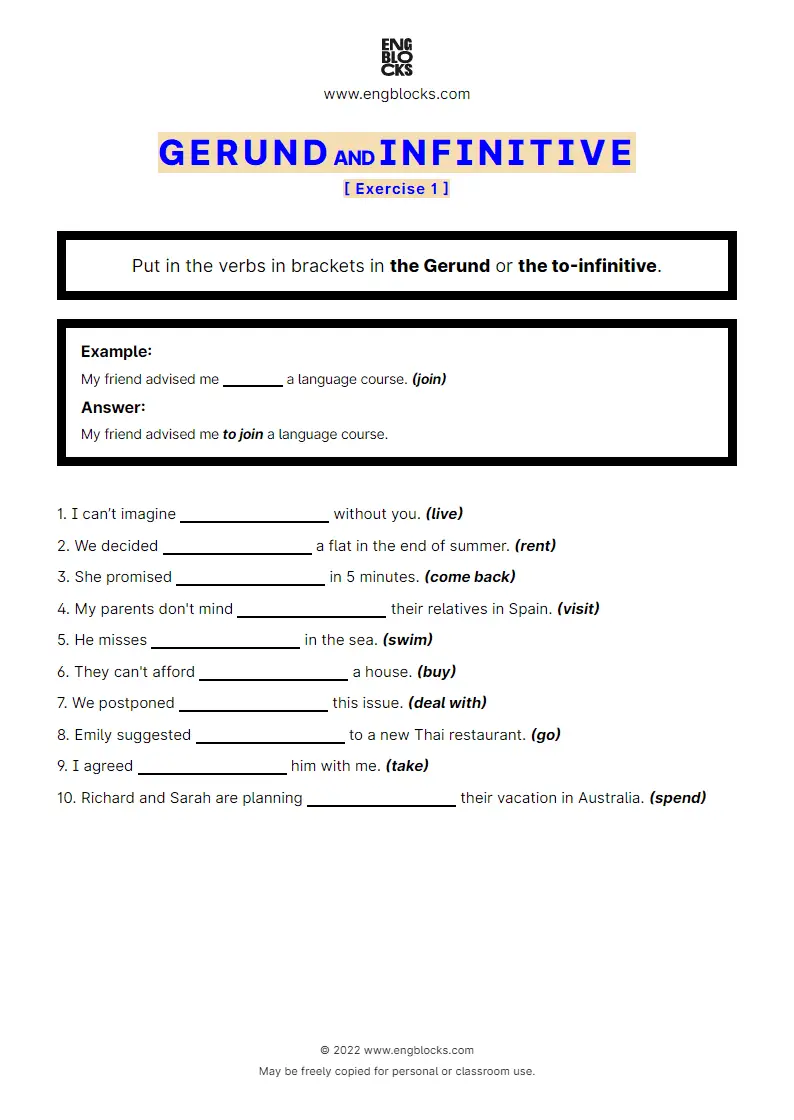 Grammar Worksheet: Gerund and Infinitive — Exercise 1