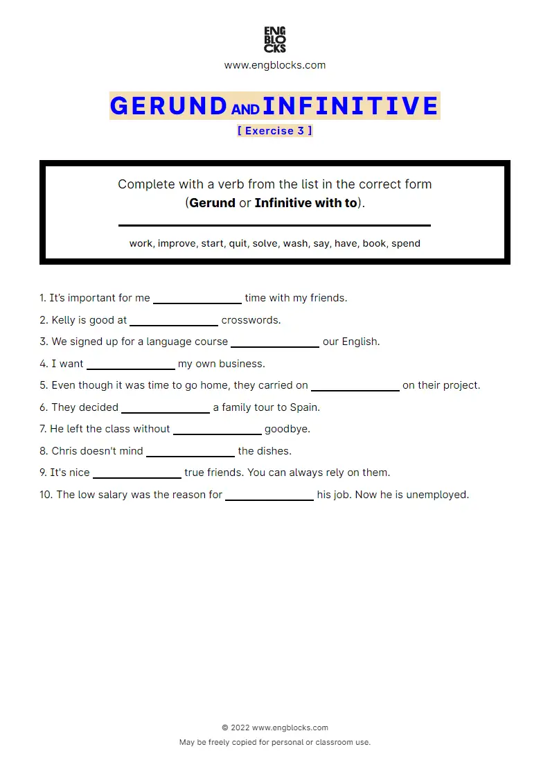 Grammar Worksheet: Gerund and Infinitive — Exercise 3