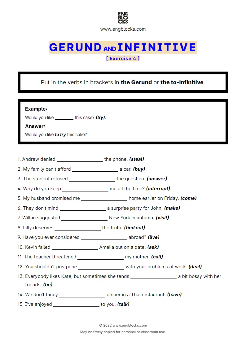 Grammar Worksheet: Gerund and Infinitive — Exercise 4