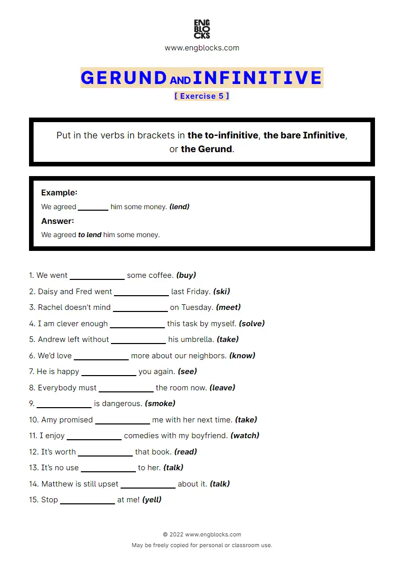 Grammar Worksheet: Gerund and Infinitive — Exercise 5