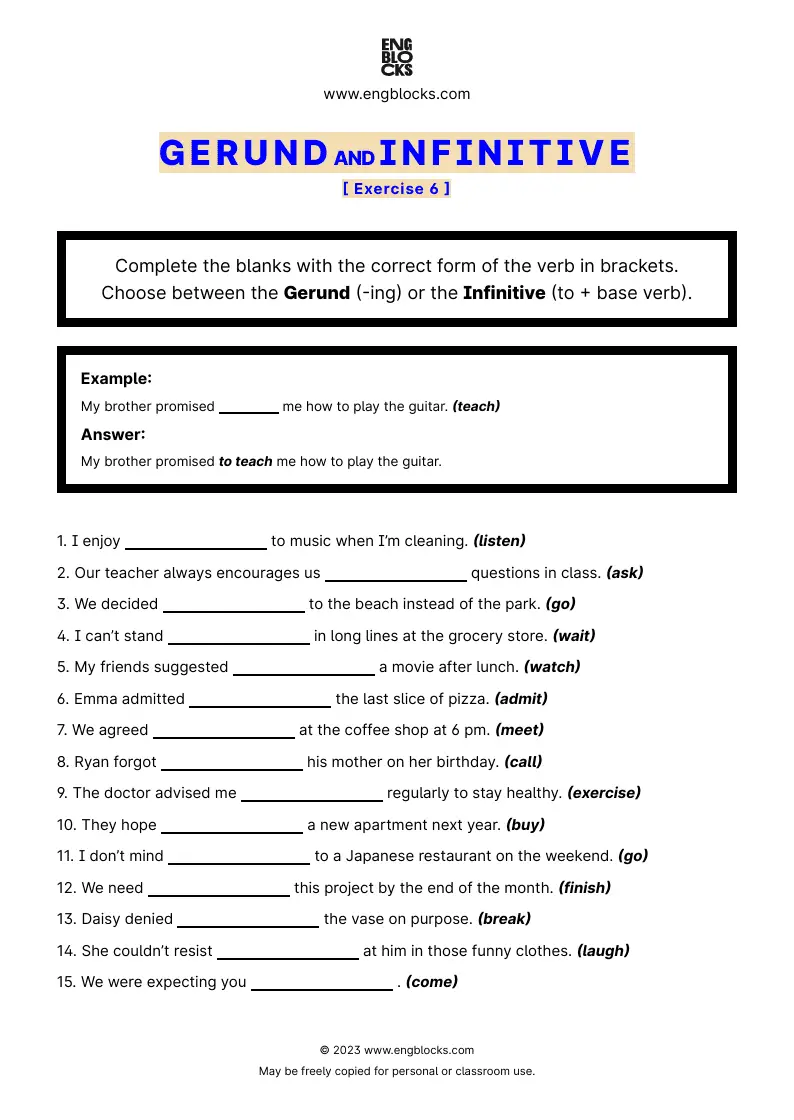 Grammar Worksheet: Gerund and Infinitive — Exercise 6