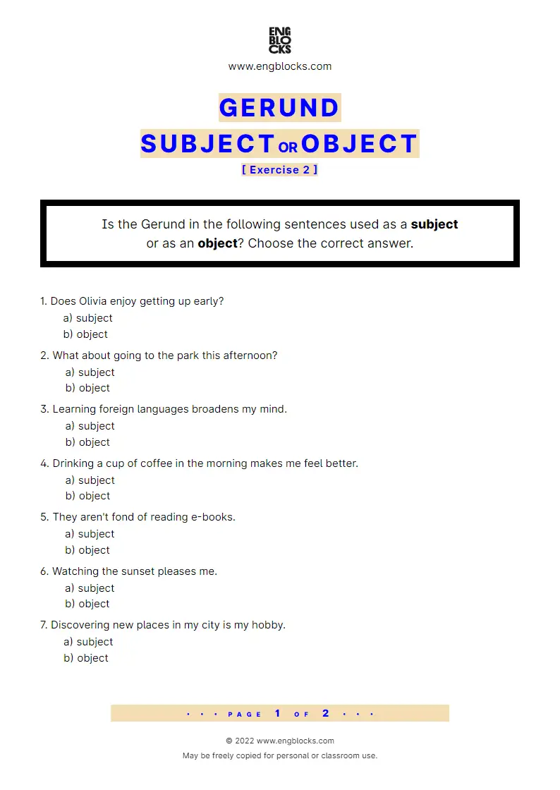 Grammar Worksheet: Gerund as subject or object — Exercise 2