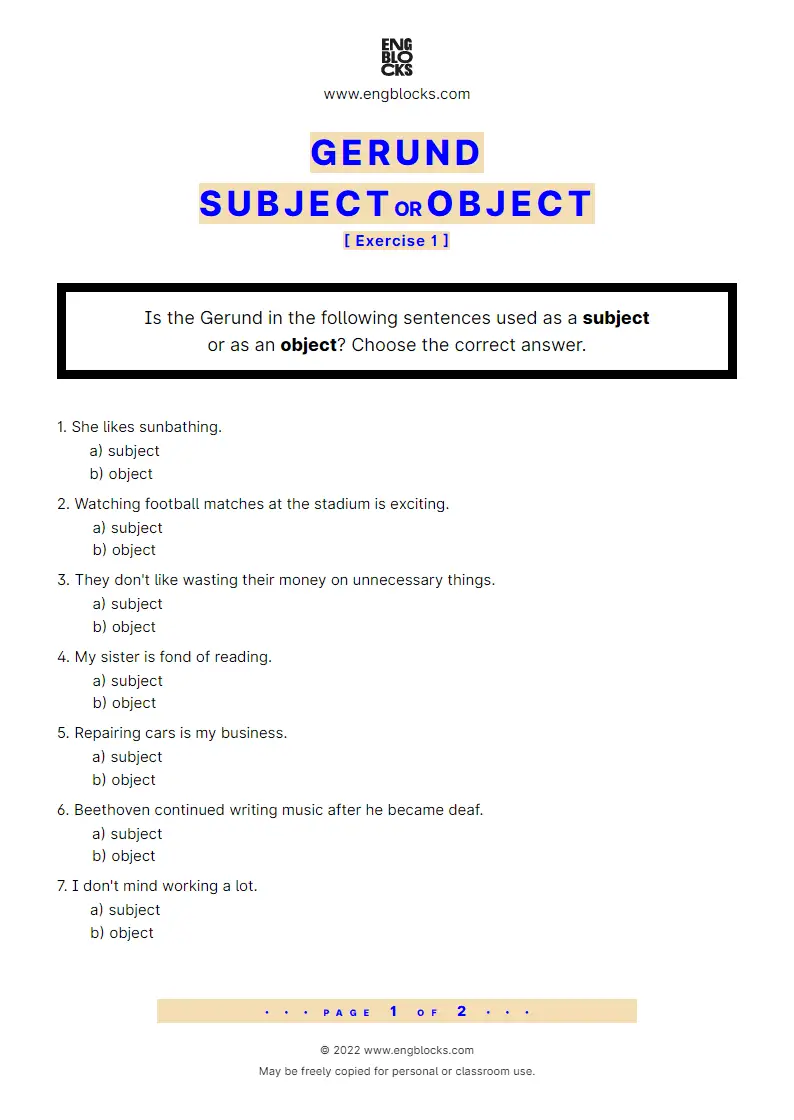 Grammar Worksheet: Gerund as subject or object