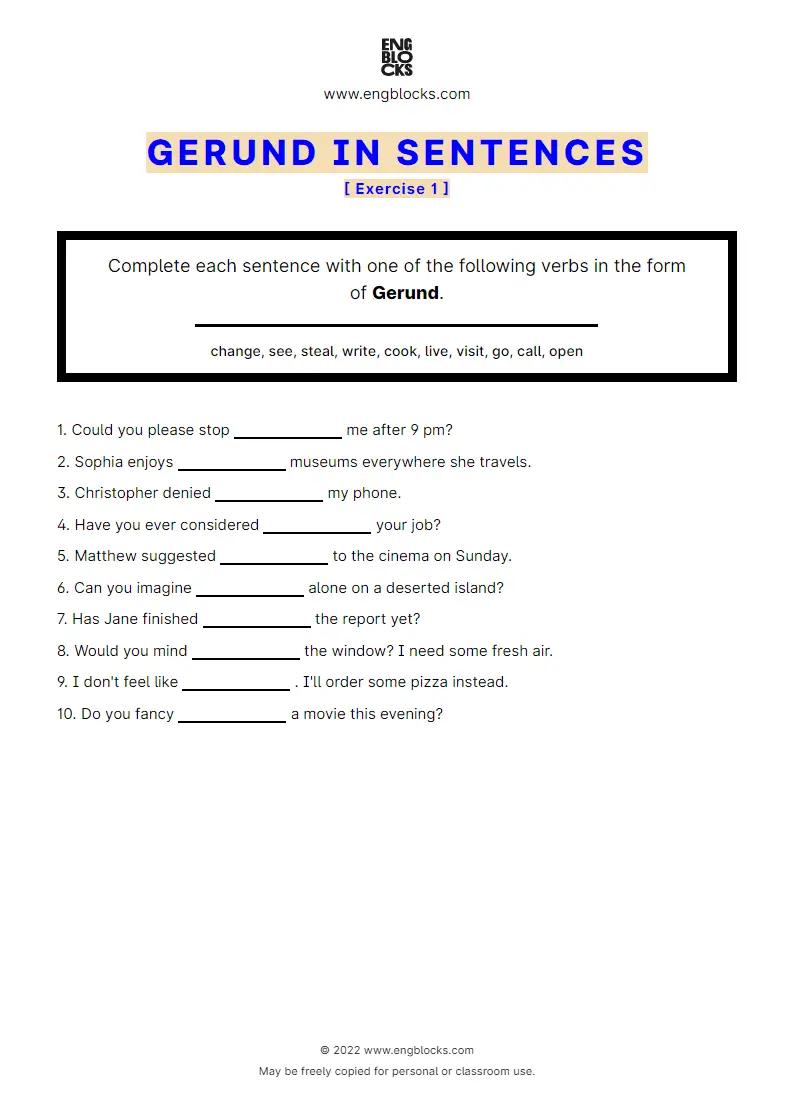 Grammar Worksheet: Gerund in sentences — Exercise 1