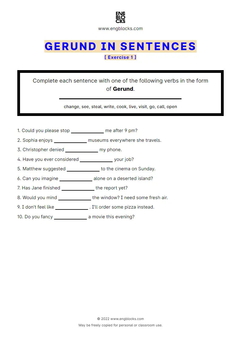 Grammar Worksheet: Gerund in sentences — Exercise 1