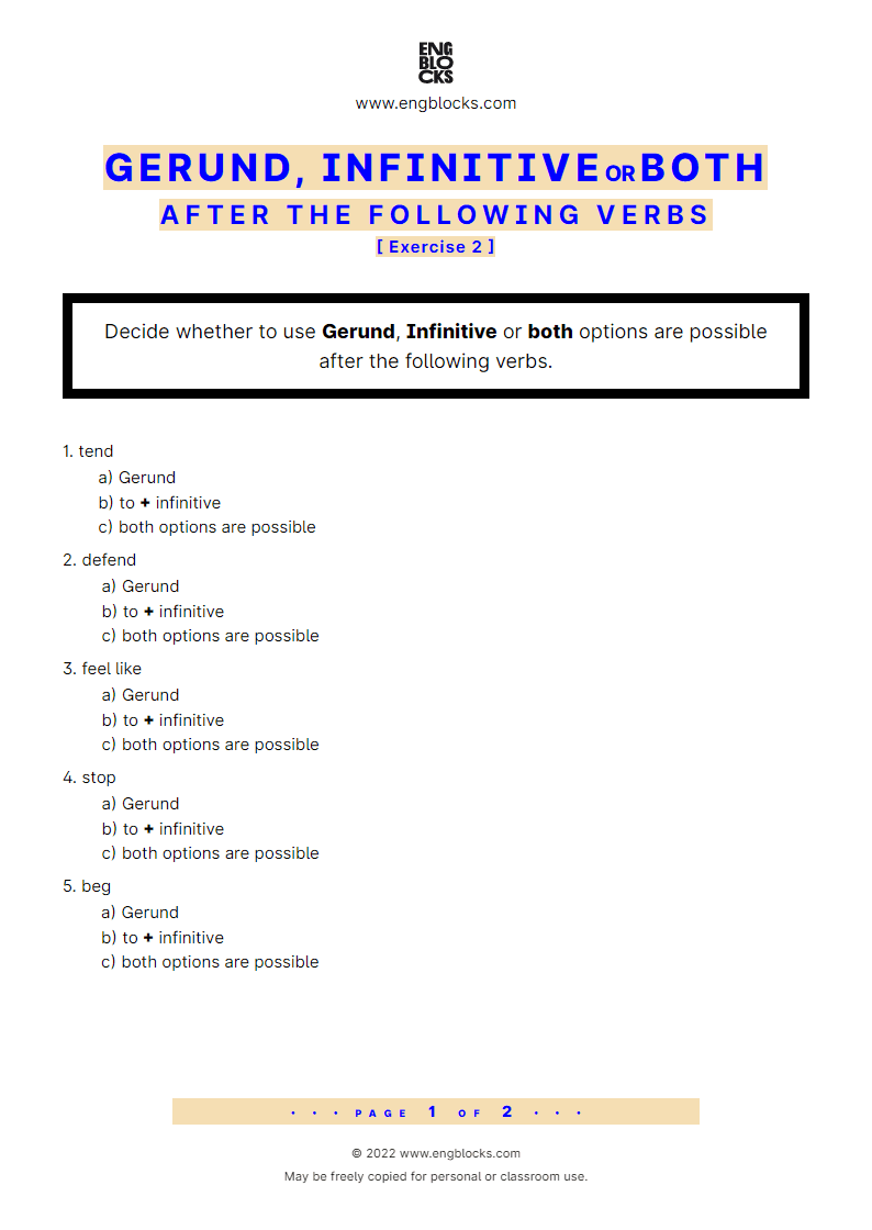 Grammar Worksheet: Gerund, Infinitive, or both after verbs — Exercise 2