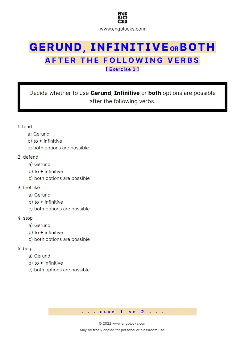 Grammar Worksheet: Gerund, Infinitive, or both after verbs — Exercise 2
