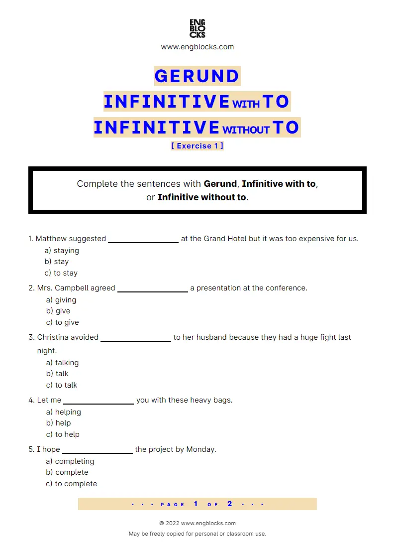 Grammar Worksheet: Gerund, Infinitive with to or Infinitive without to — Exercise 1