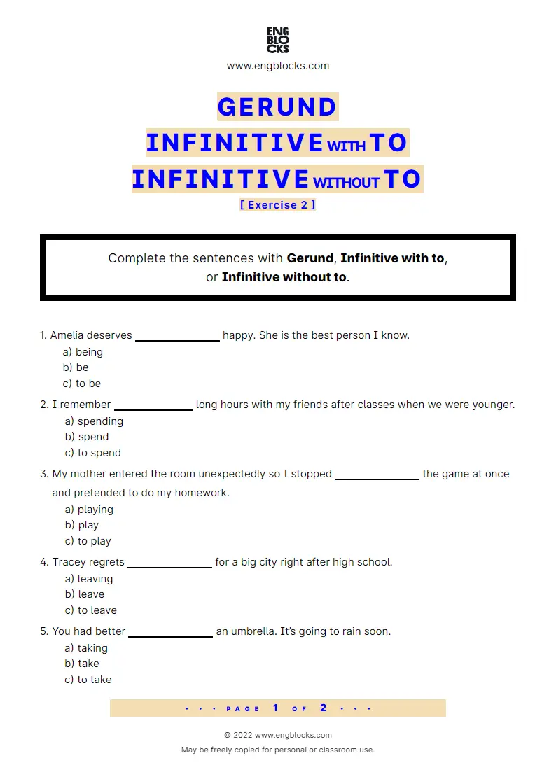 Grammar Worksheet: Gerund, Infinitive with to or Infinitive without to — Exercise 2