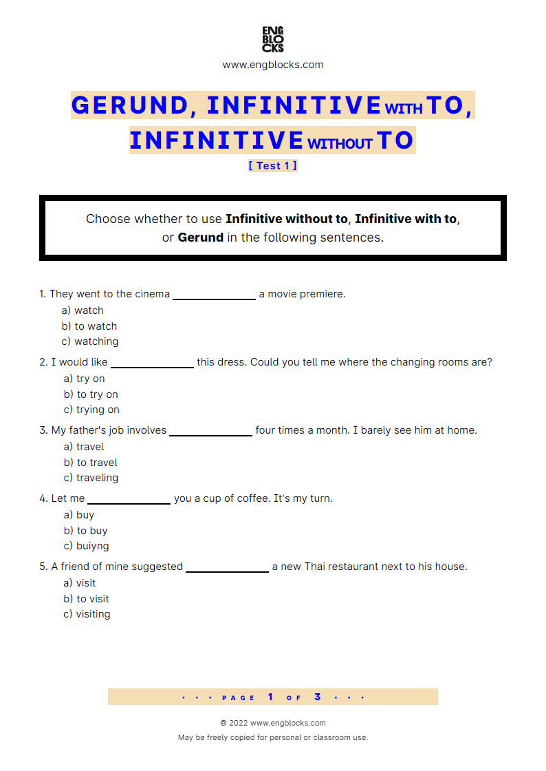 Grammar Worksheet: Gerund, Infinitive with to or Infinitive without to — Quiz