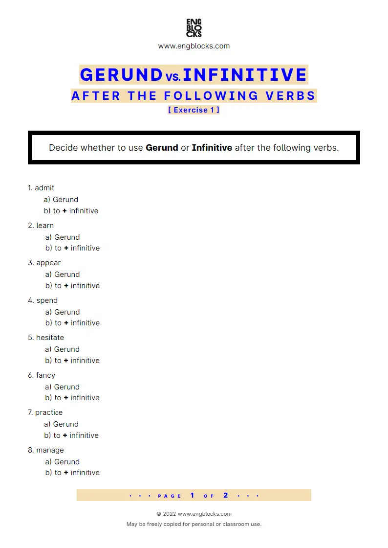 Grammar Worksheet: Gerund or Infinitive after verbs — Exercise 1