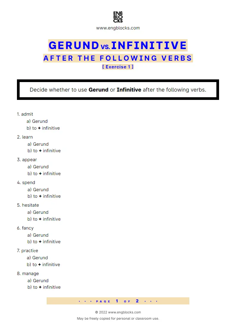 Grammar Worksheet: Gerund or Infinitive after verbs — Exercise 1