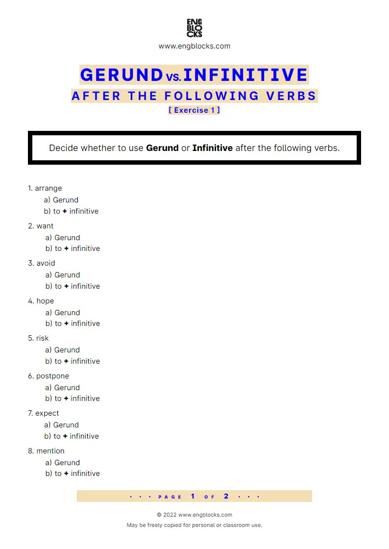 Grammar Worksheet: Gerund or Infinitive after verbs — Exercise 2