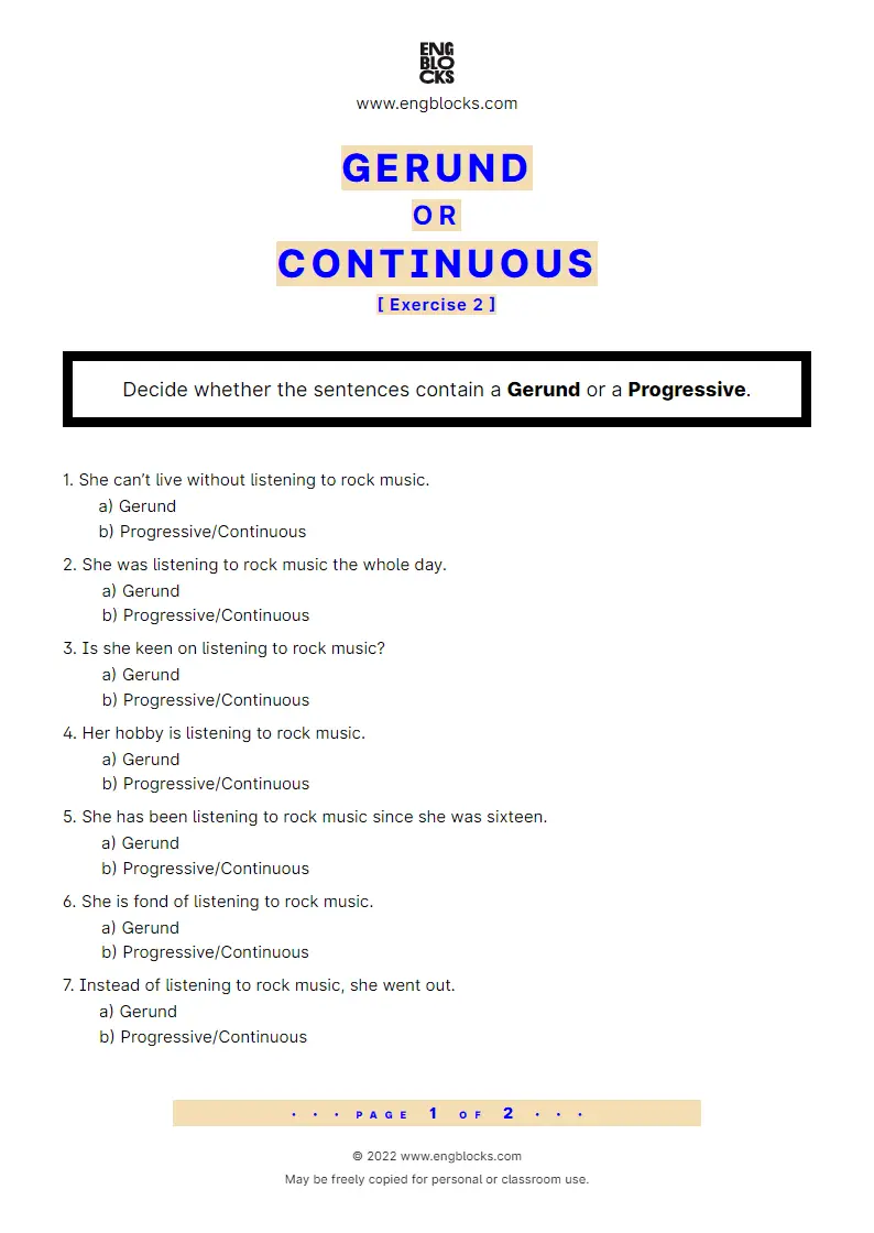 Grammar Worksheet: Gerund or Progressive/‌Continuous — Exercise 2