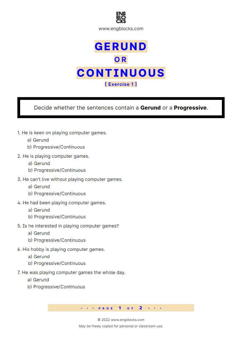 Grammar Worksheet: Gerund or Progressive/‌Continuous