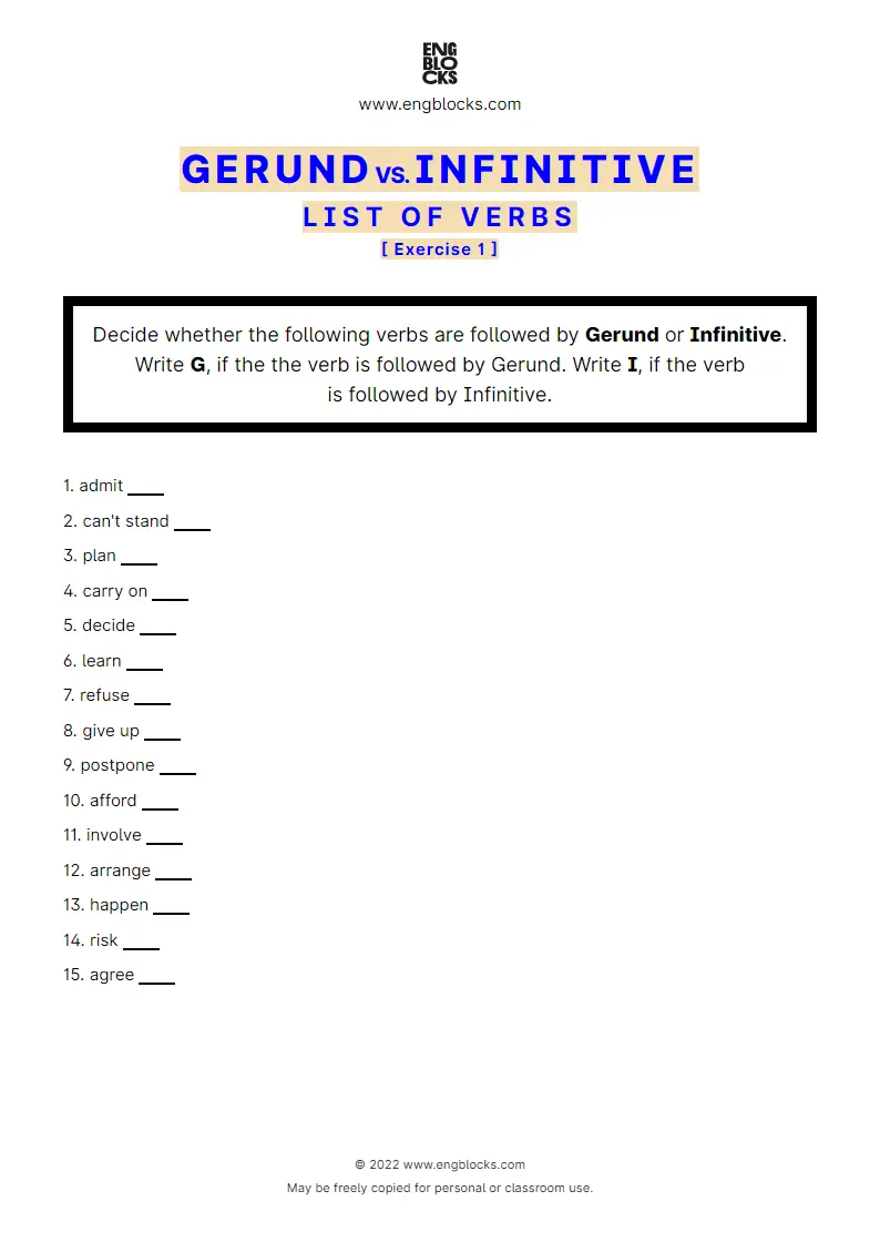 Grammar Worksheet: Gerund vs. Infinitive — Verb list — Exercise 1