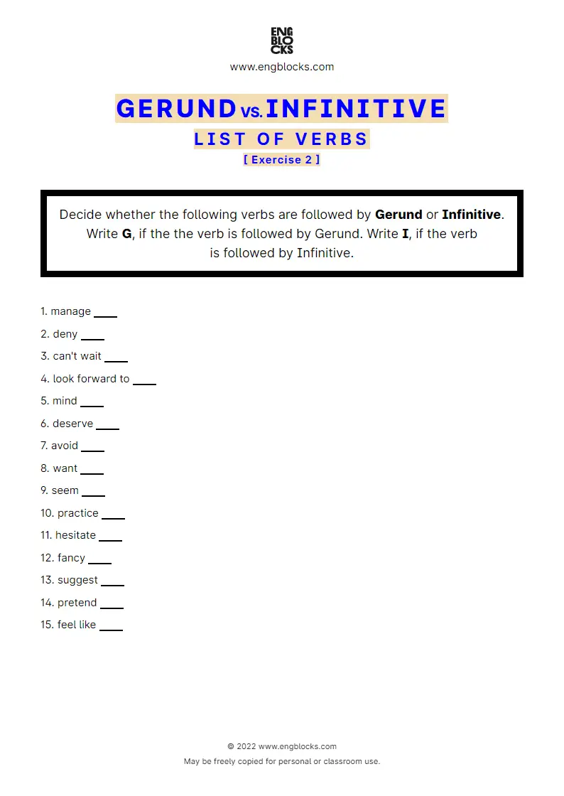 Grammar Worksheet: Gerund vs. Infinitive — Verb list — Exercise 2