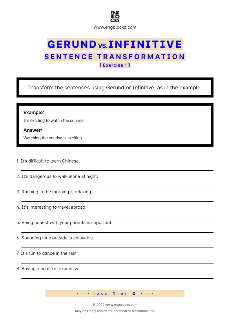 Grammar Worksheet: Sentence transformation — Gerund vs. Infinitive