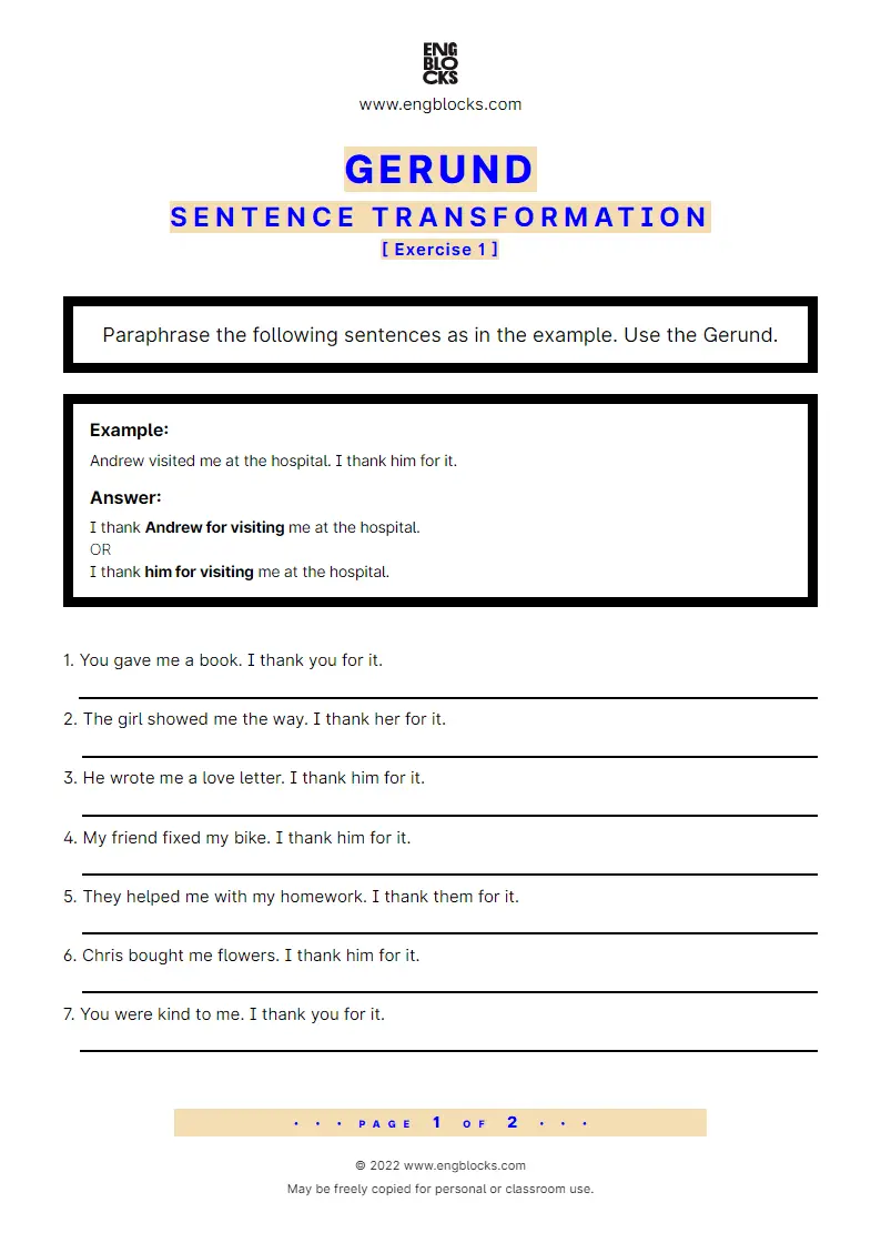 Grammar Worksheet: Sentence transformation using the Gerund — Exercise 1