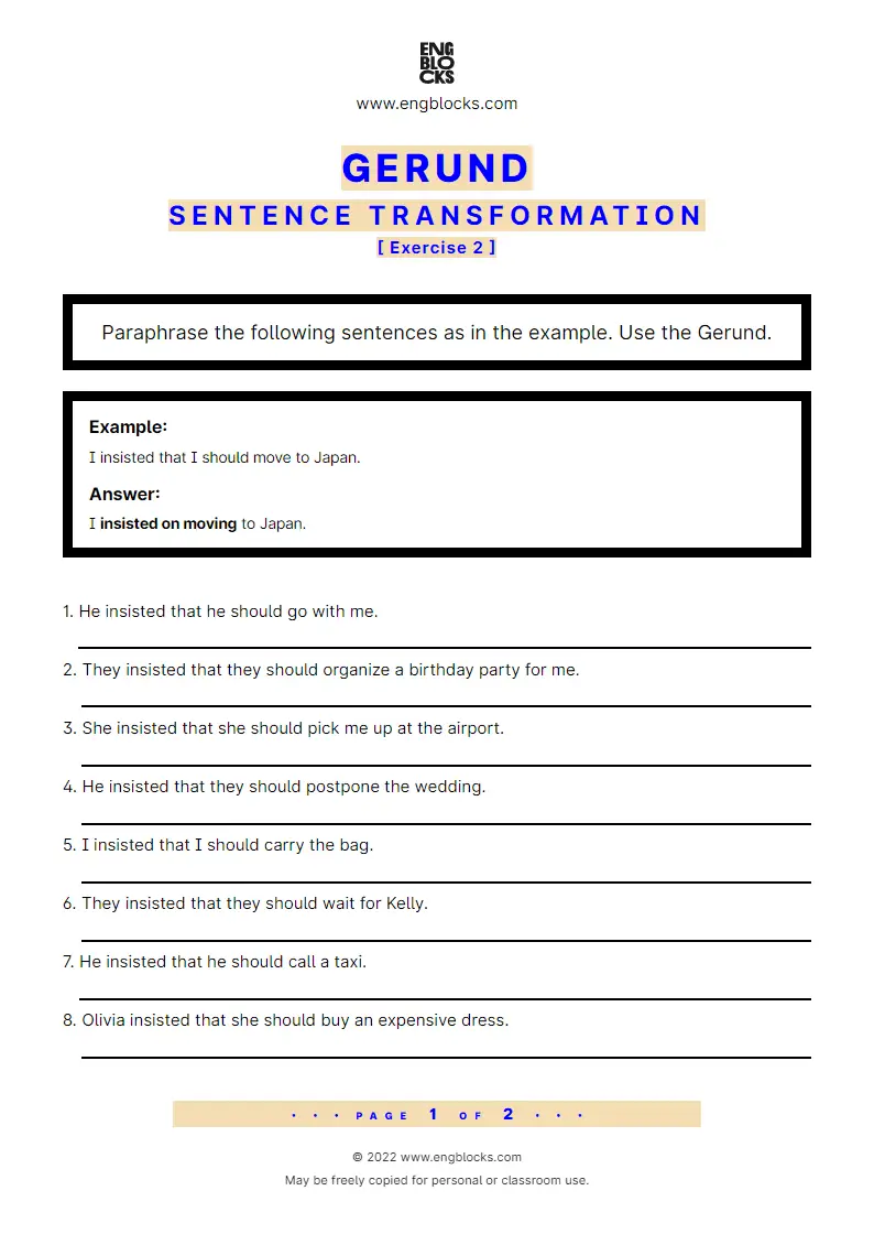 Grammar Worksheet: Sentence transformation using the Gerund — Exercise 2