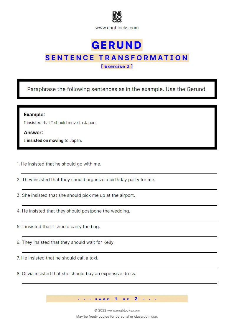 Grammar Worksheet: Sentence transformation using the Gerund — Exercise 2