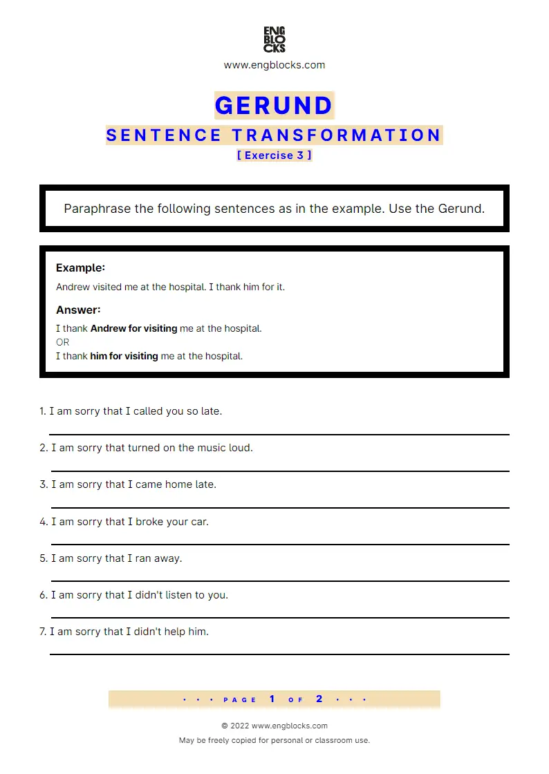 Grammar Worksheet: Sentence transformation using the Gerund — Exercise 3