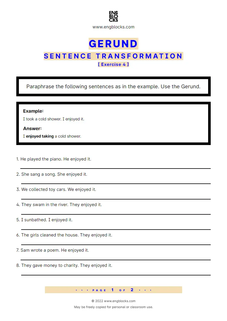 Grammar Worksheet: Sentence transformation using the Gerund — Exercise 4