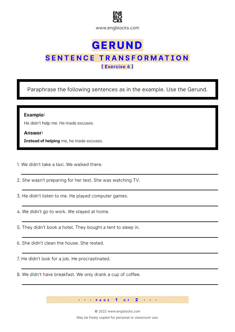 Grammar Worksheet: Sentence transformation using the Gerund — Exercise 6