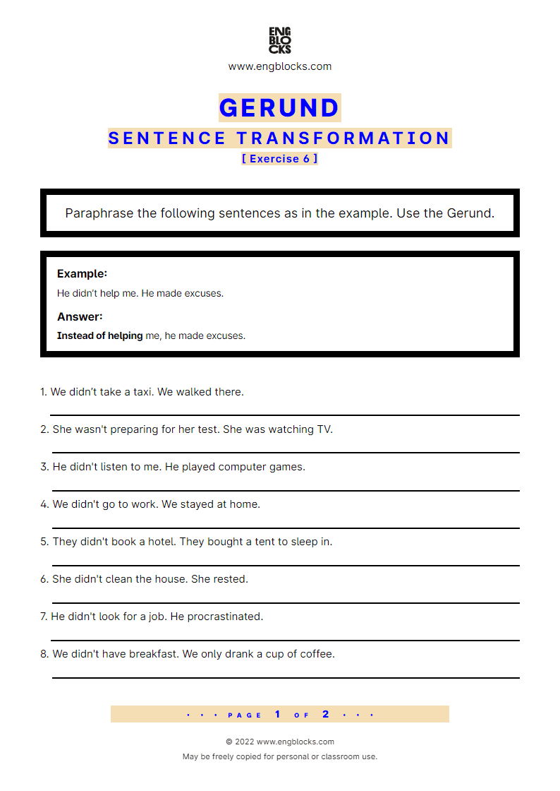 Sentence Transformation Using The Gerund Exercise 6 Worksheet English Grammar