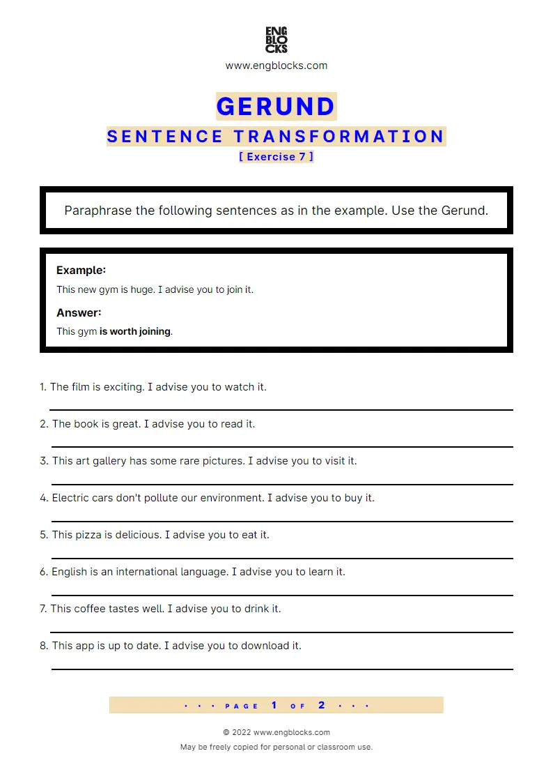 Grammar Worksheet: Sentence transformation using the Gerund — Exercise 7