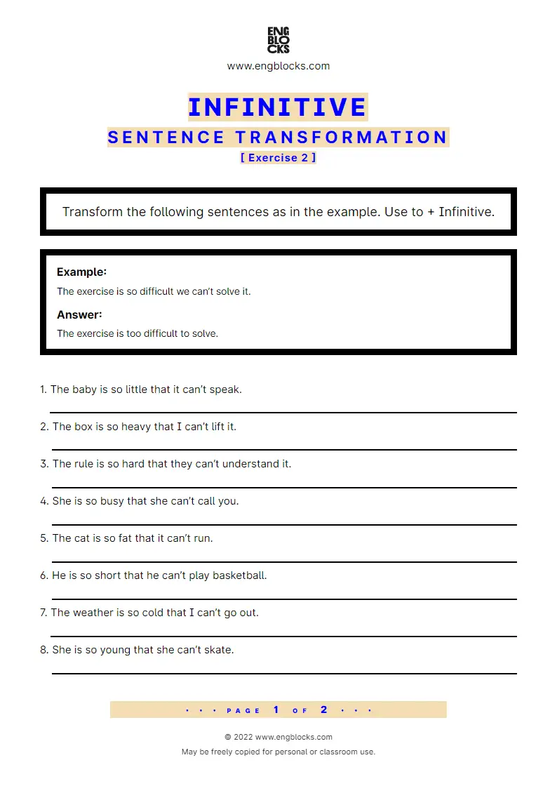 Grammar Worksheet: Sentence transformation using the Infinitive — Exercise 2
