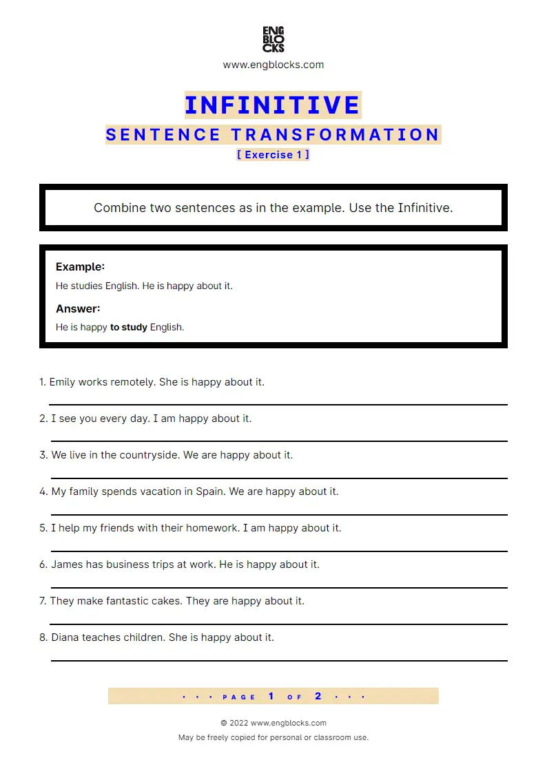 Grammar Worksheet: Sentence transformation using the Infinitive
