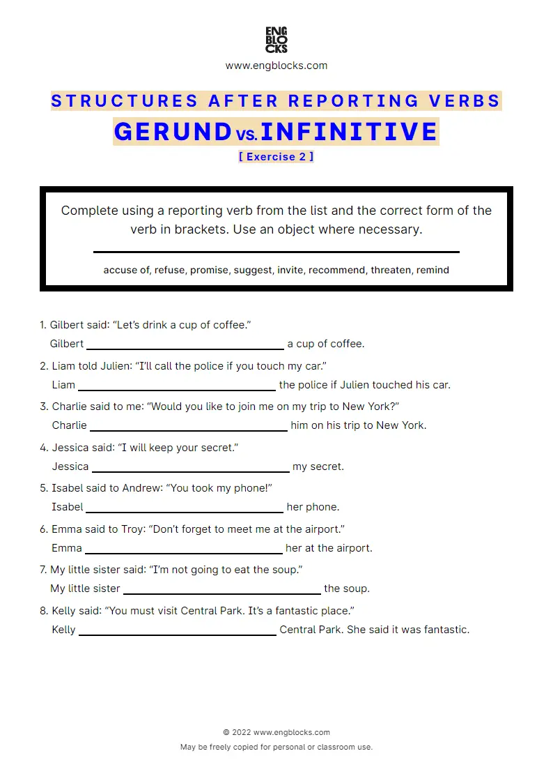 Grammar Worksheet: Structures after reporting verbs — Exercise 2