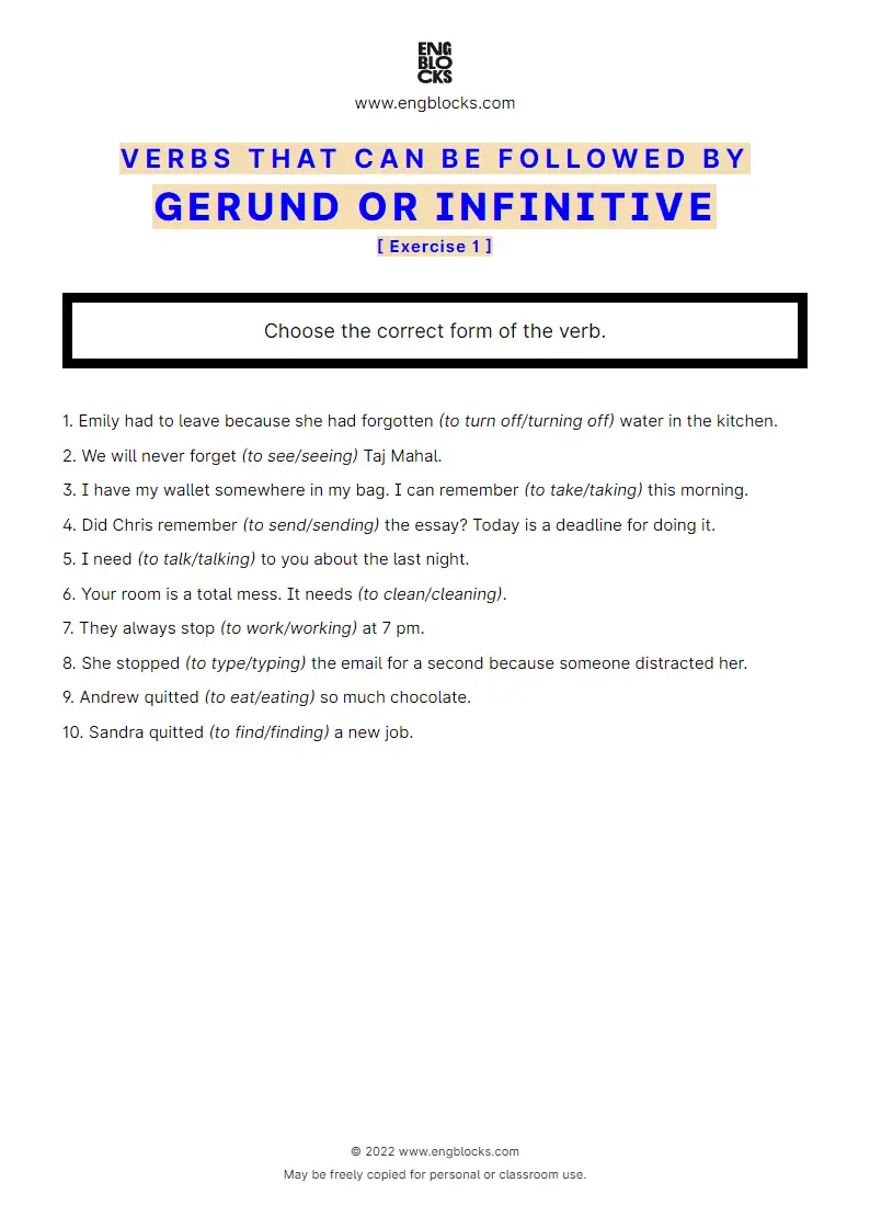 Grammar Worksheet: Verbs that can be followed by either Gerund or Infinitive with to — Exercise 1