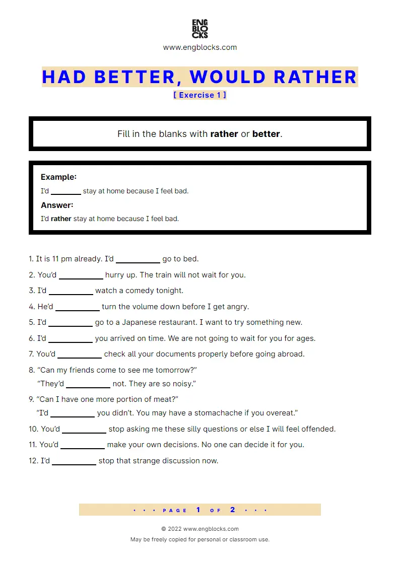 Grammar Worksheet: Had better, Would rather — Exercise 1
