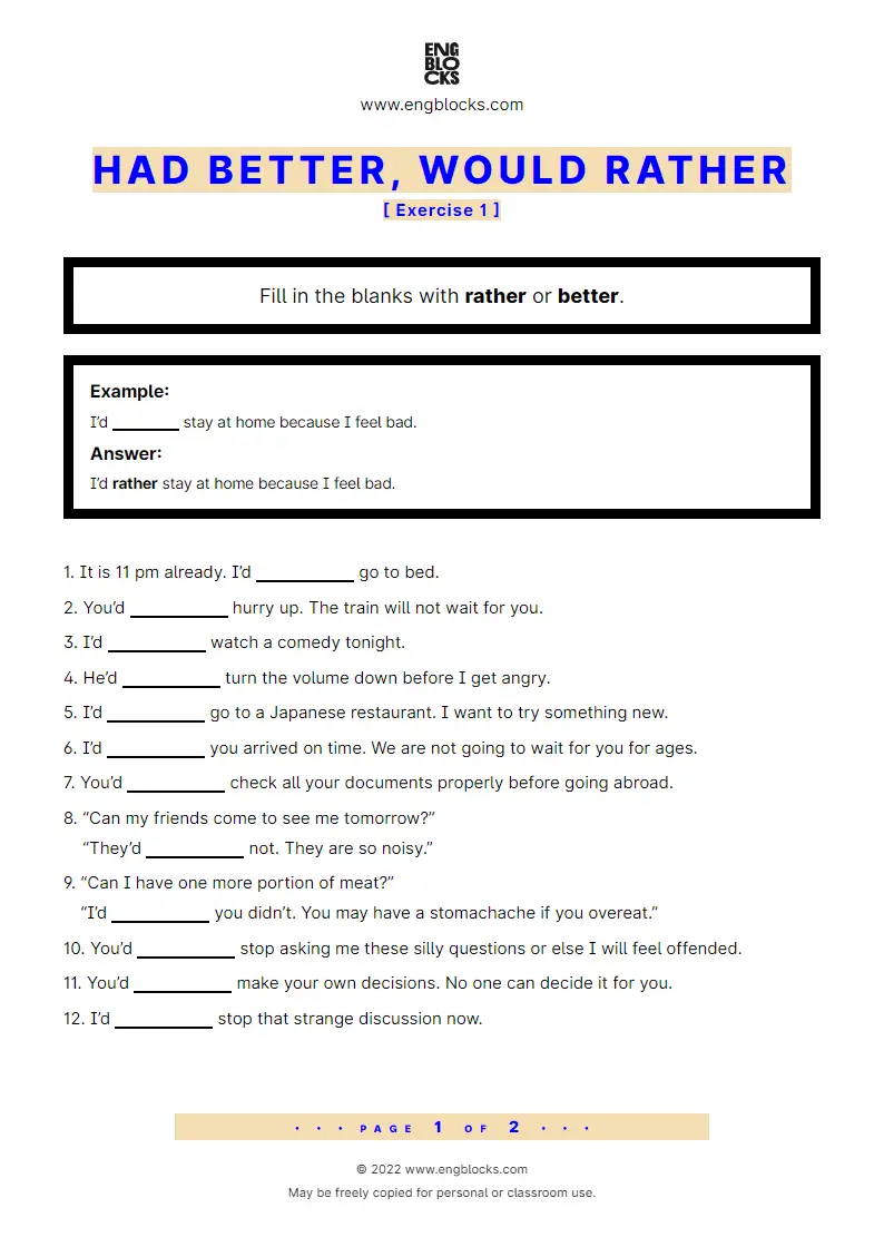 Grammar Worksheet: Had better, Would rather — Exercise 1