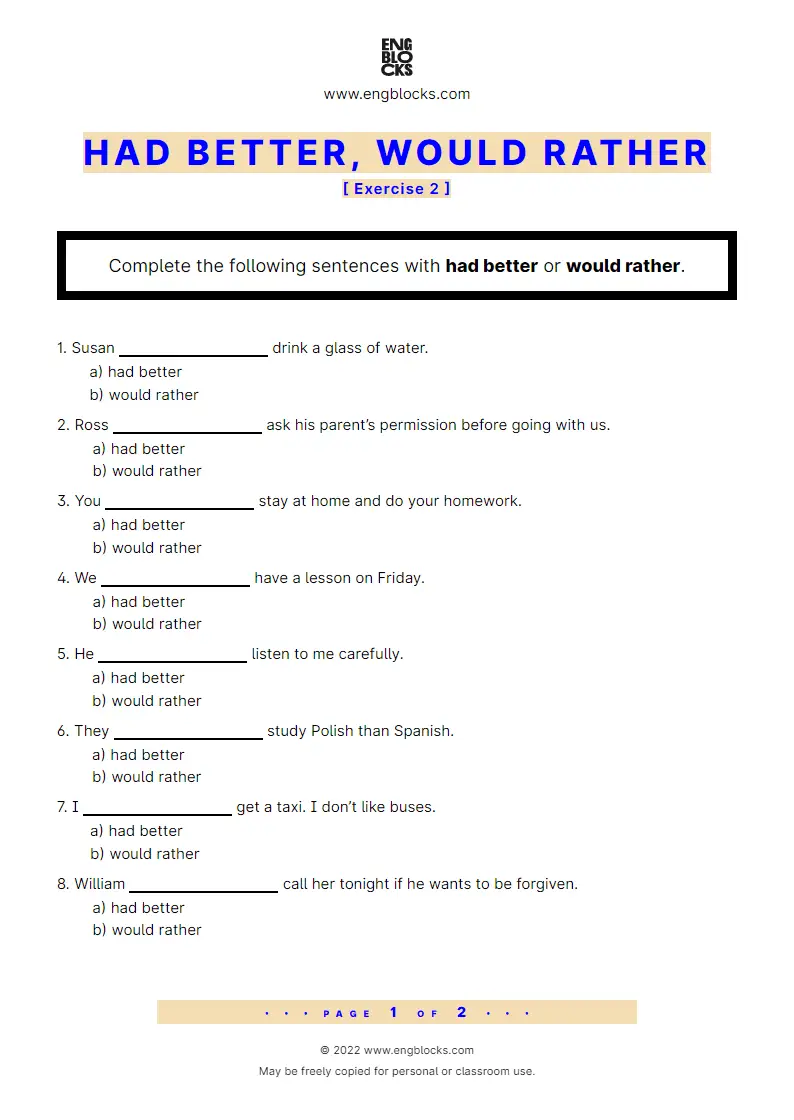 Grammar Worksheet: Had better, Would rather — Exercise 2