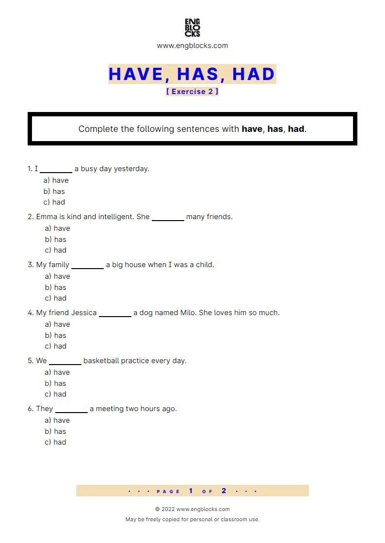 Grammar Worksheet: have, has, had — Exercise 2