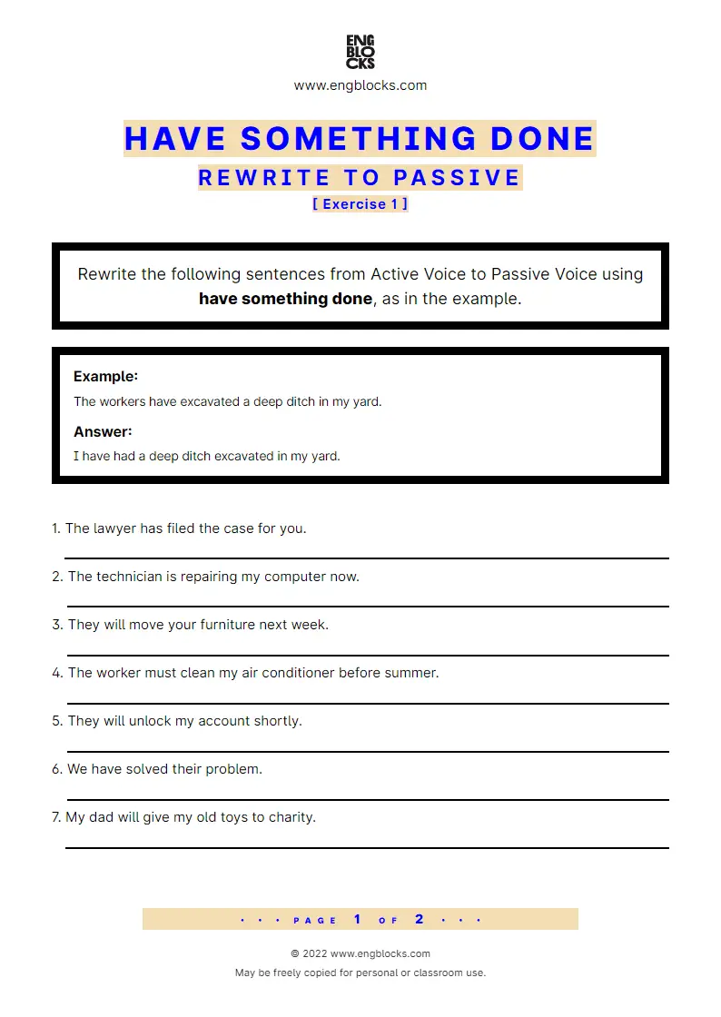 Grammar Worksheet: have something done — Rewrite to Passive — Exercise 1