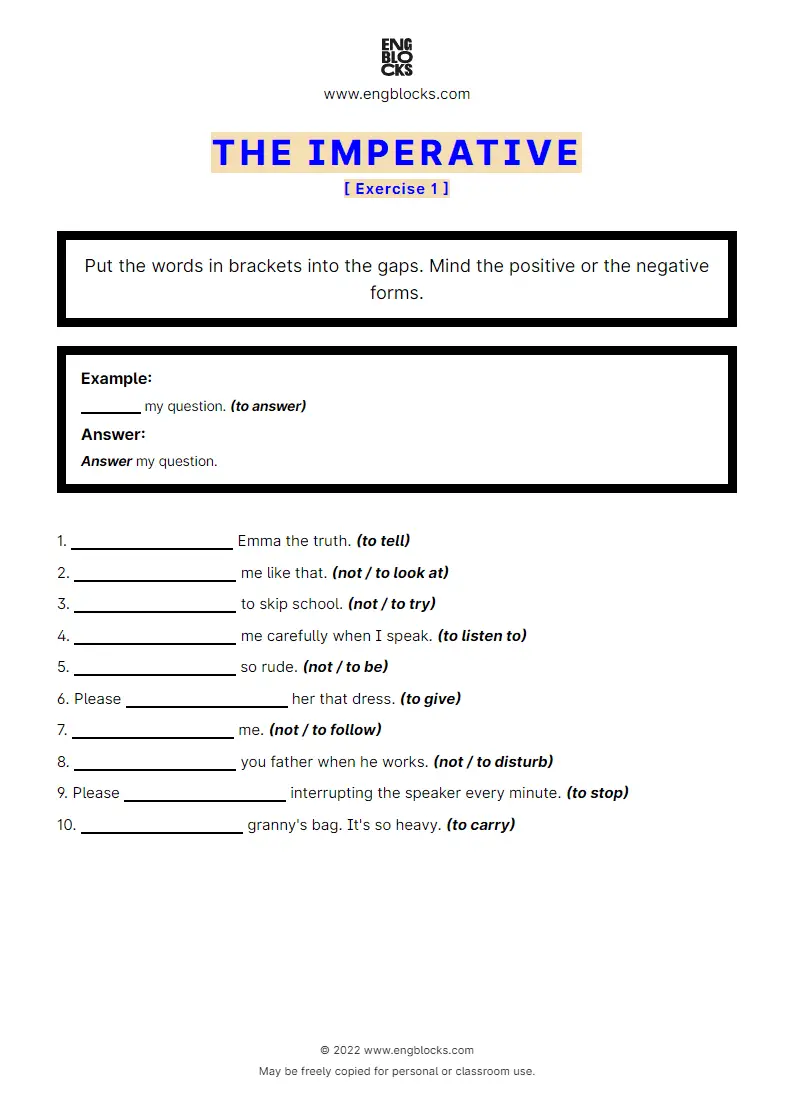 Grammar Worksheet: The Imperative — Exercise 1