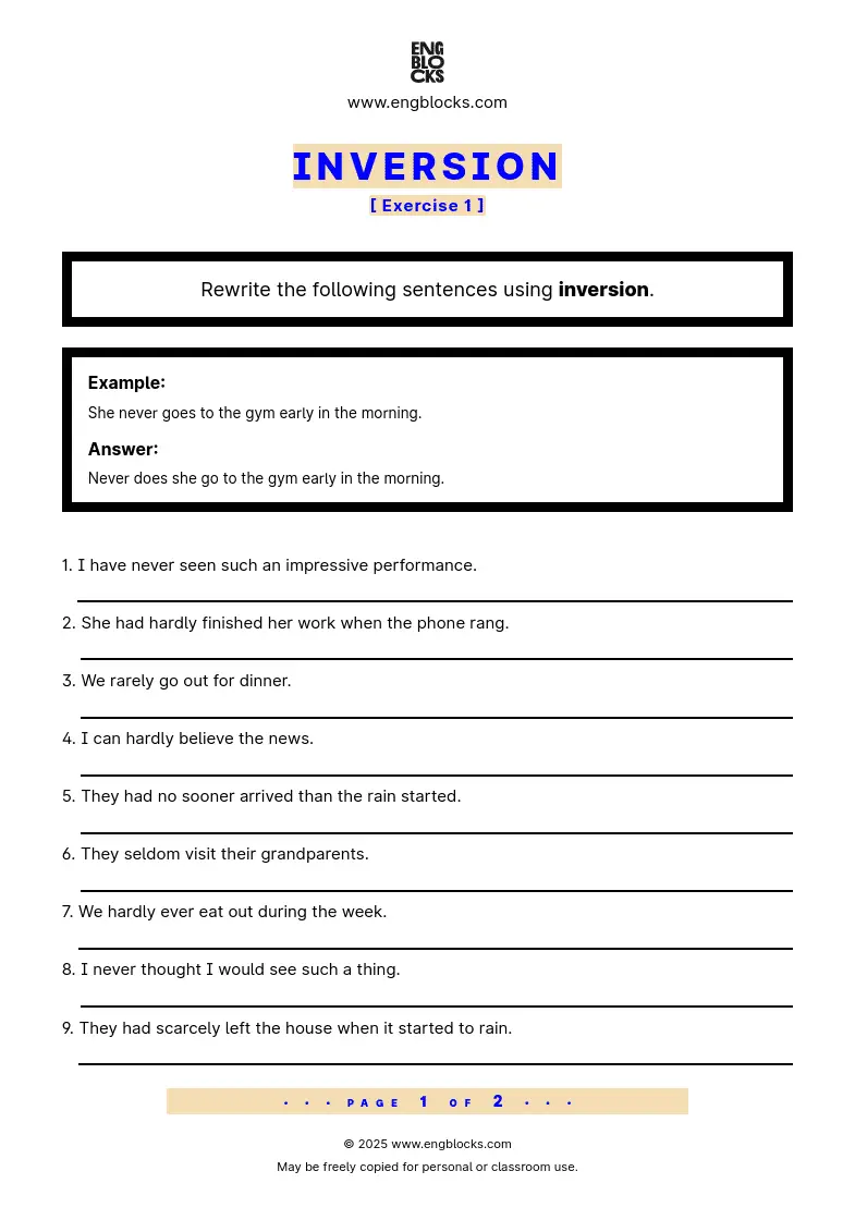Grammar Worksheet: Inversion — Exercise 1