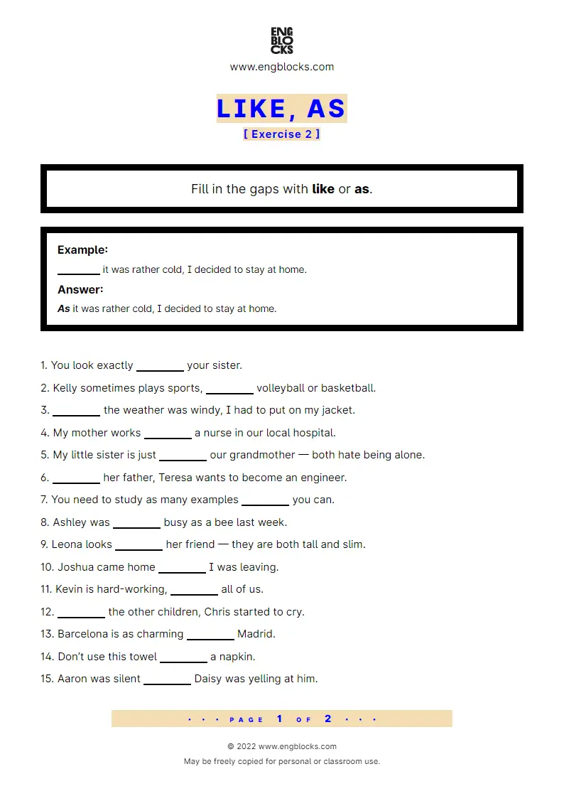 Grammar Worksheet: Like and As — Exercise 2
