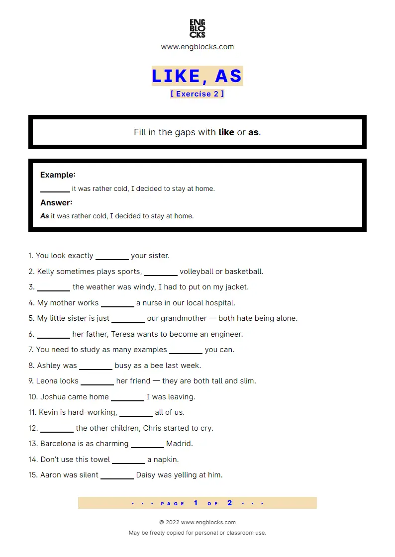 Grammar Worksheet: Like and As — Exercise 2