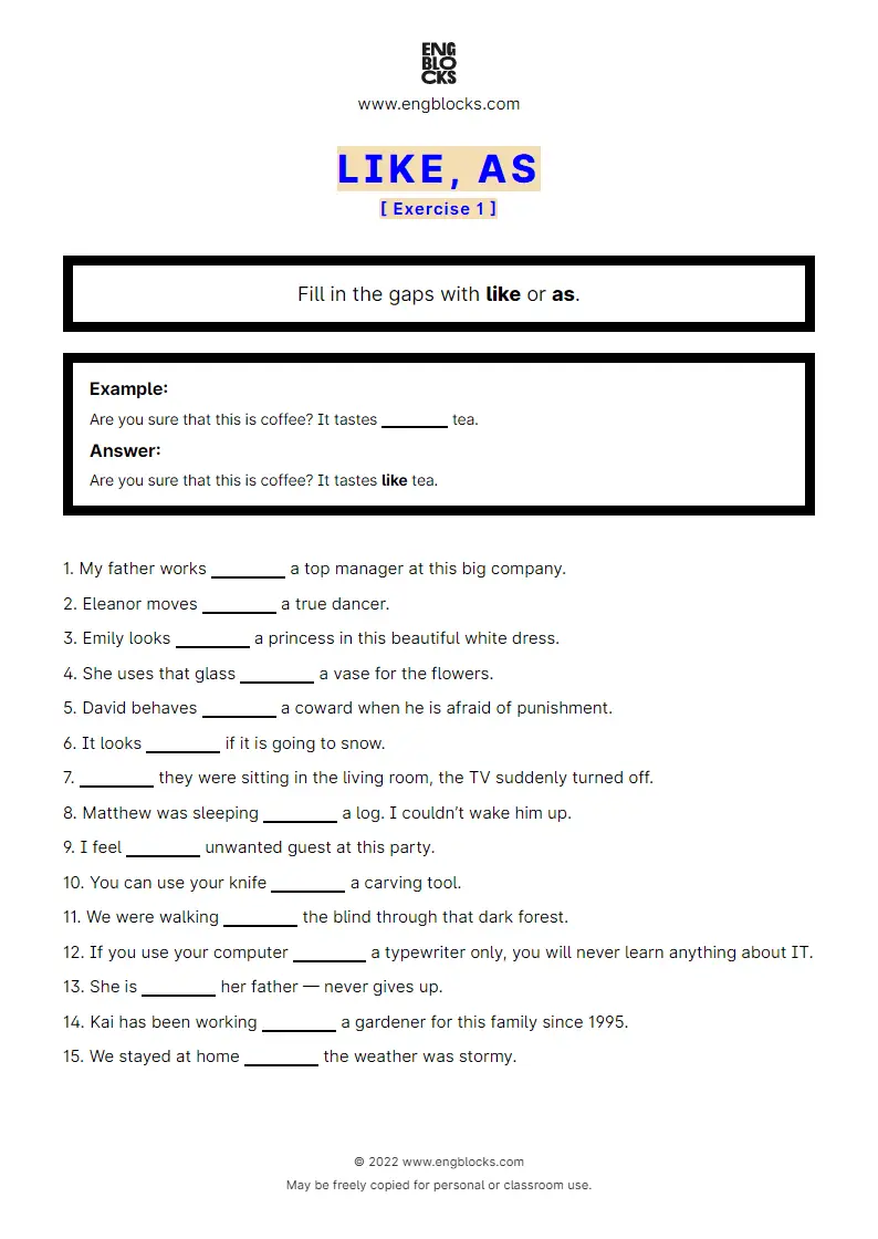 Grammar Worksheet: Like vs. As — Exercise 1 (black & white)