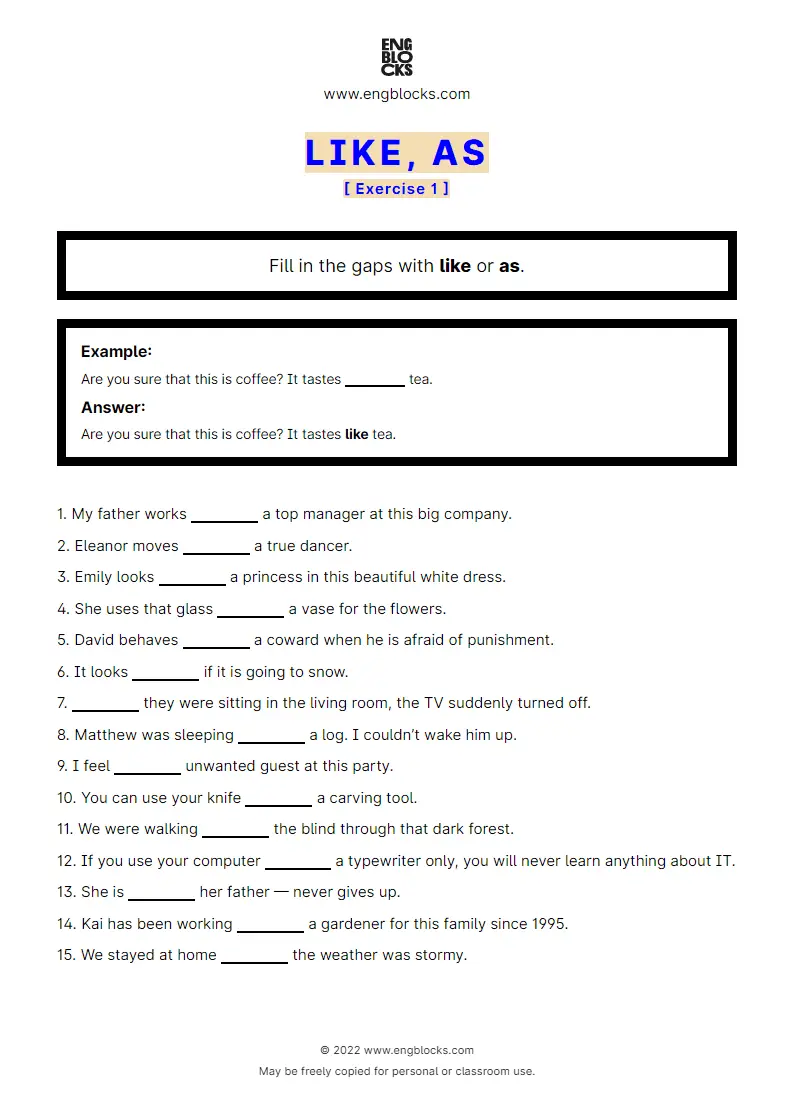 Grammar Worksheet: Like vs. As — Exercise 1