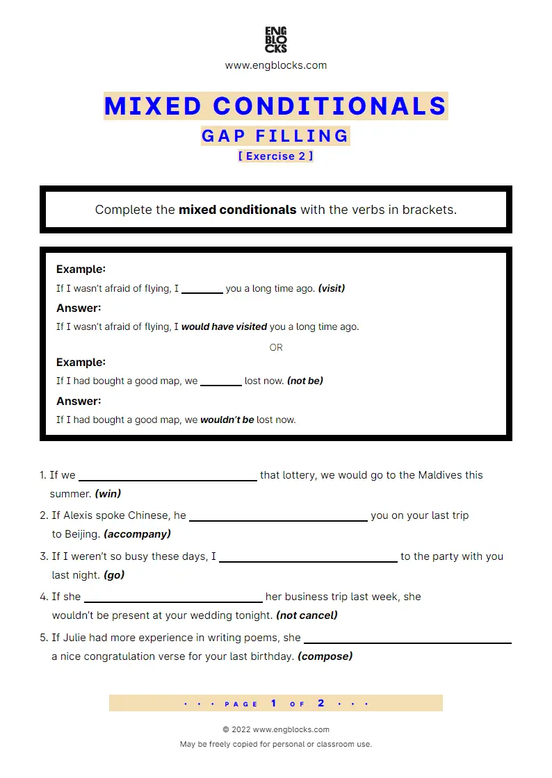 Grammar Worksheet: Mixed Conditionals — Gap filling — Exercise 2